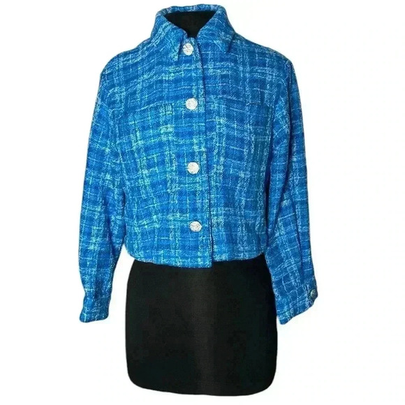 Zara Bright Blue Tweed Strictures Cropped Jacket with Rhinestone Buttons Size XS - Picture 2 of 9